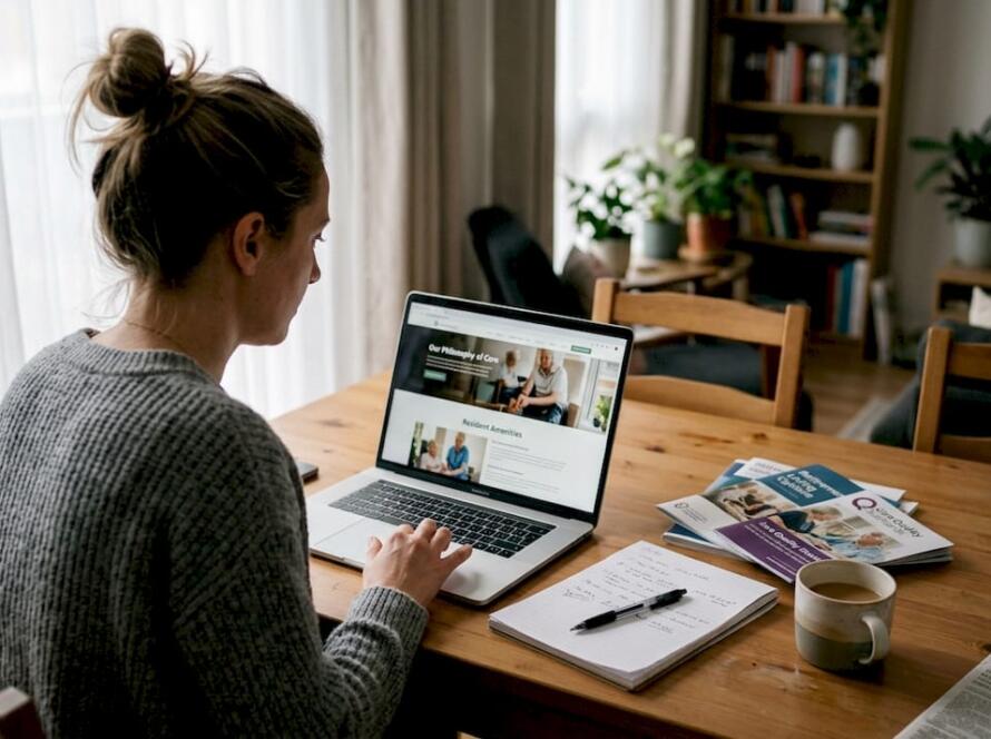 Web designer reviewing assisted living website at home