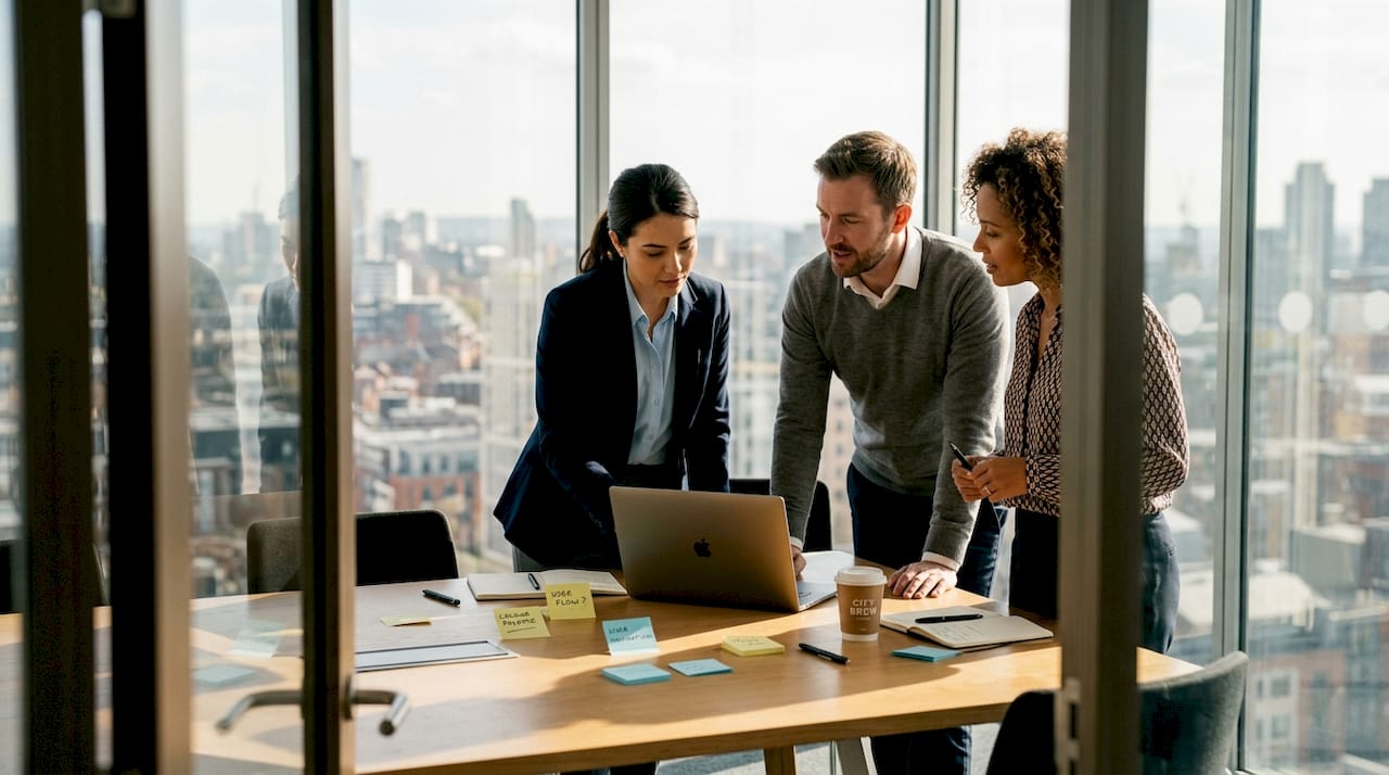 Team reviewing web design in modern office