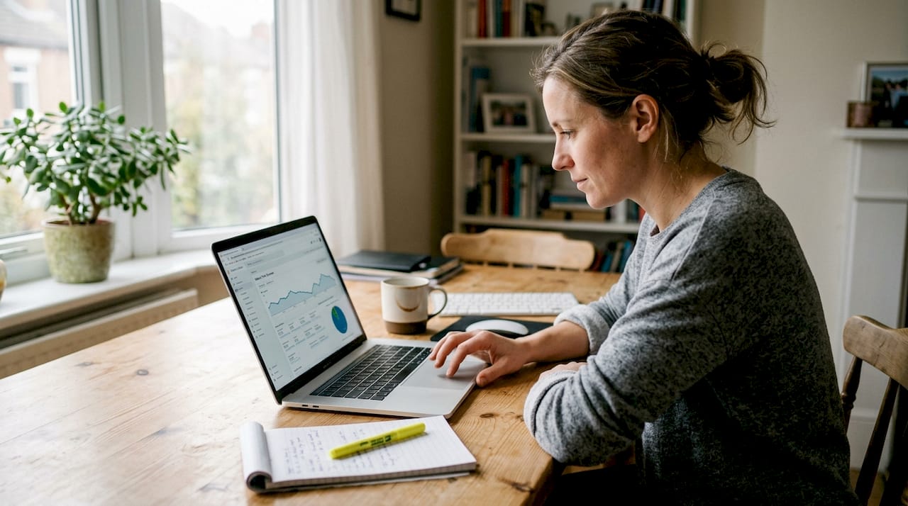 Professional reviewing website analytics at home office