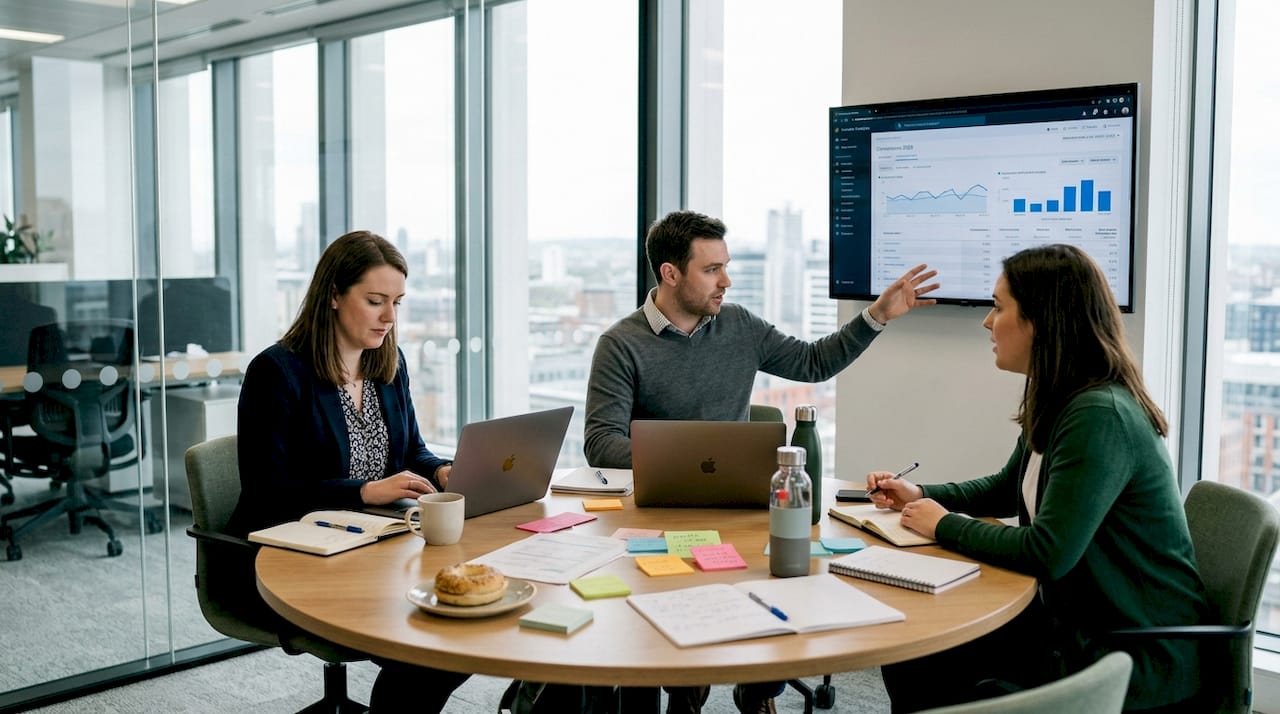 Team reviewing content strategy analytics