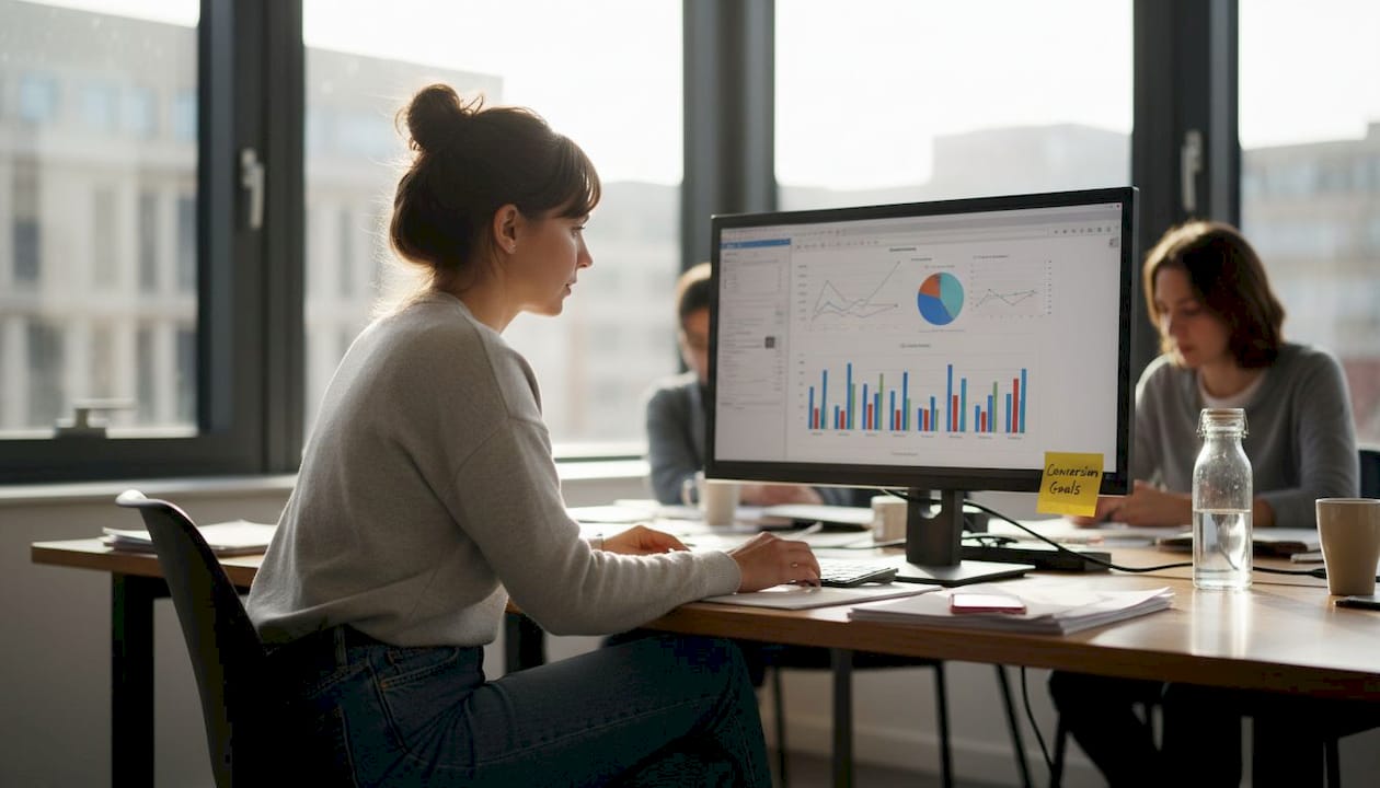 Marketer reviewing targeted ad data in office