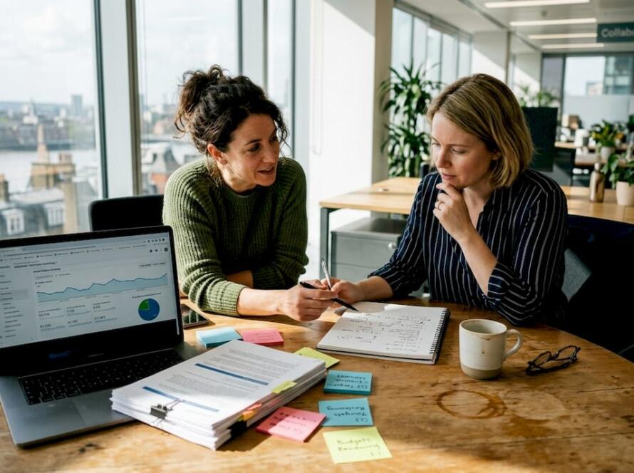 Managers reviewing marketing plan in office