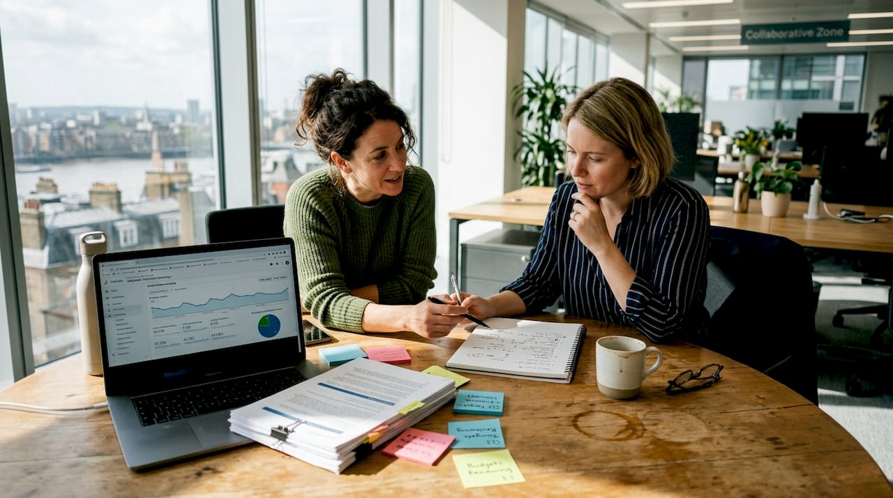 Managers reviewing marketing plan in office
