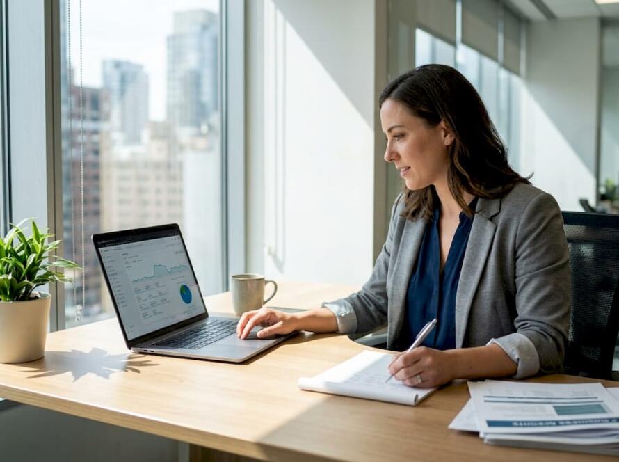 Manager reviewing website analytics at office desk