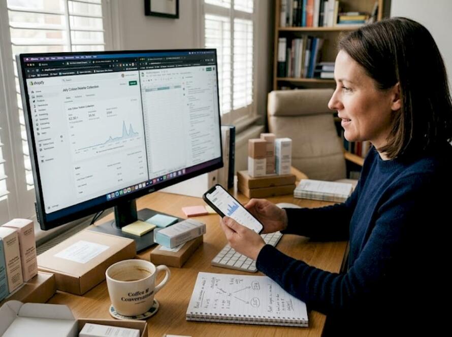 E-commerce manager working at desk with analytics