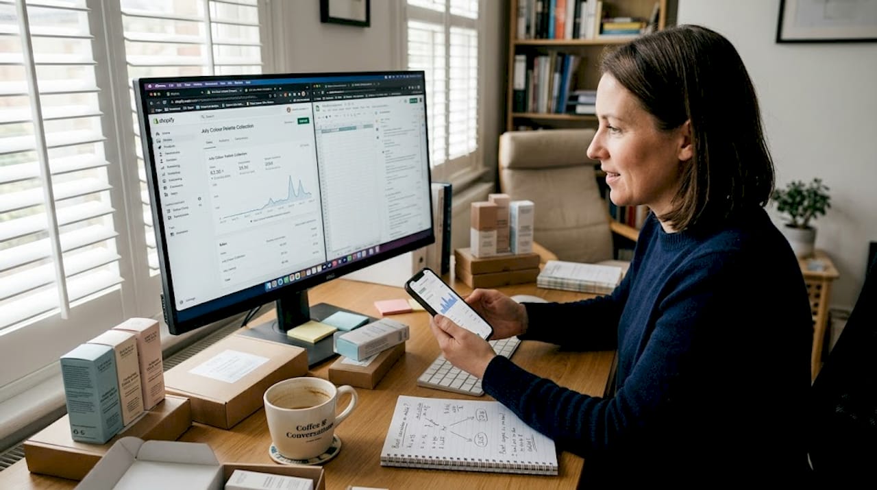 E-commerce manager working at desk with analytics