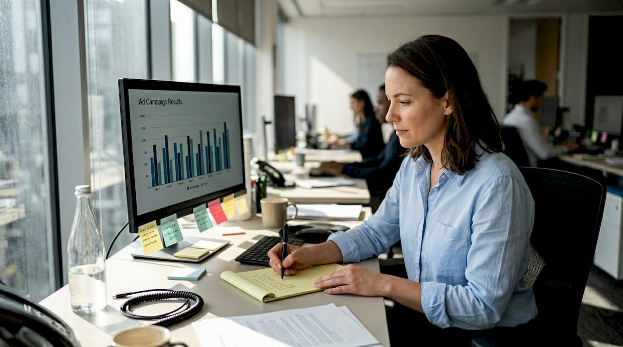 Manager analyzing ad spend at workspace