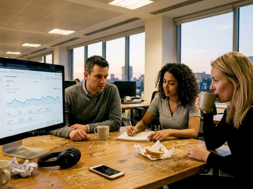Team reviewing conversion data in open office