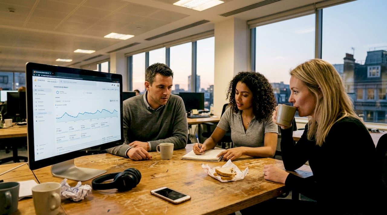 Team reviewing conversion data in open office