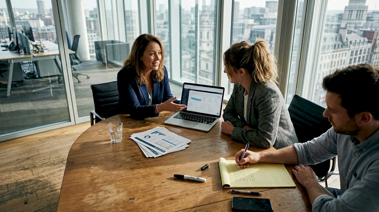 Team reviews sales report in conference room