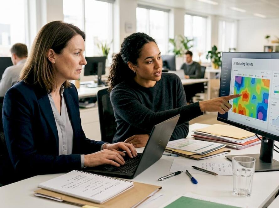Marketing team reviewing AI campaign metrics