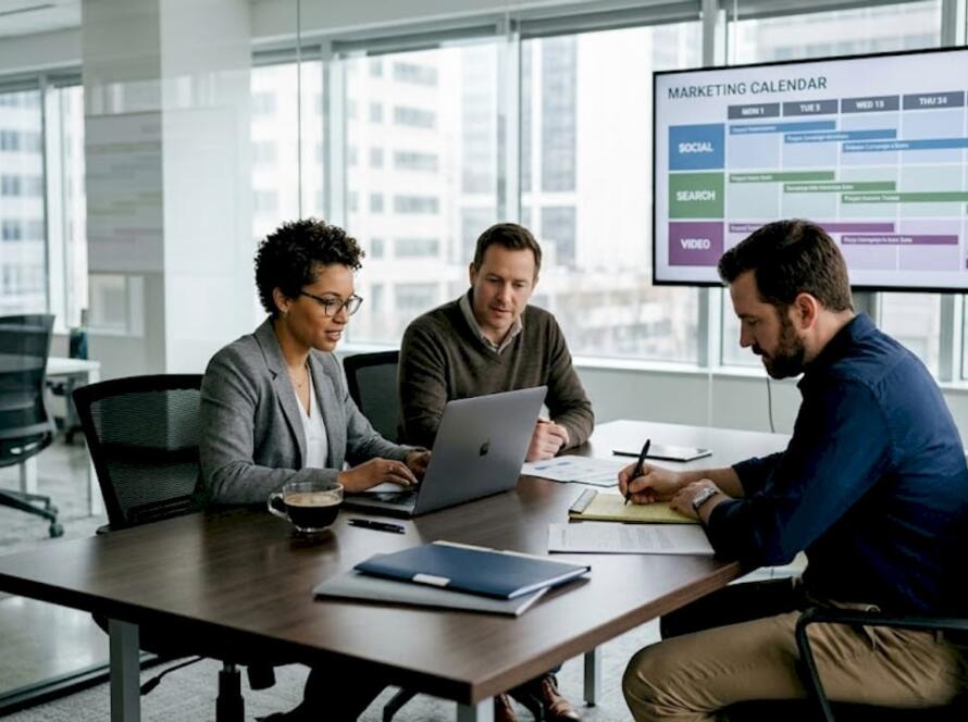 Team planning multi-channel campaign in meeting