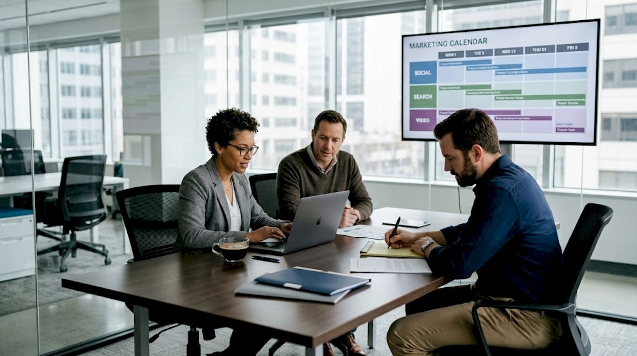 Team planning multi-channel campaign in meeting