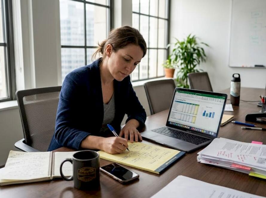 Manager drawing campaign plan at conference table