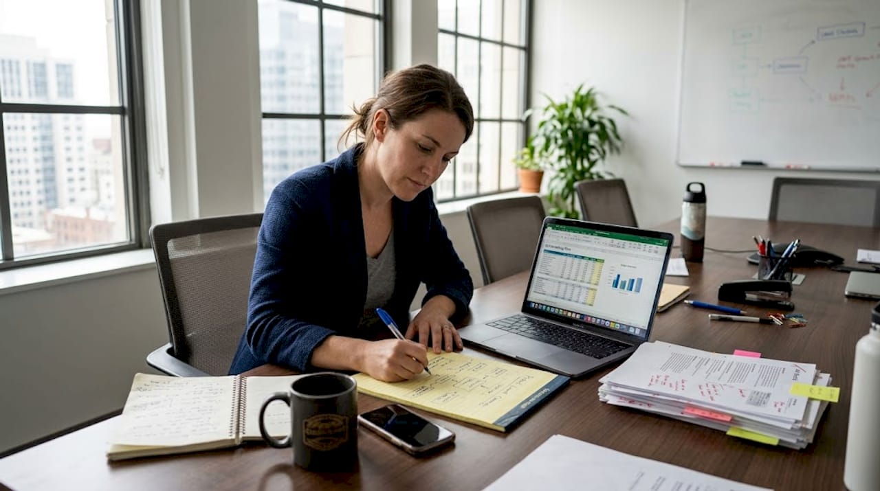 Manager drawing campaign plan at conference table
