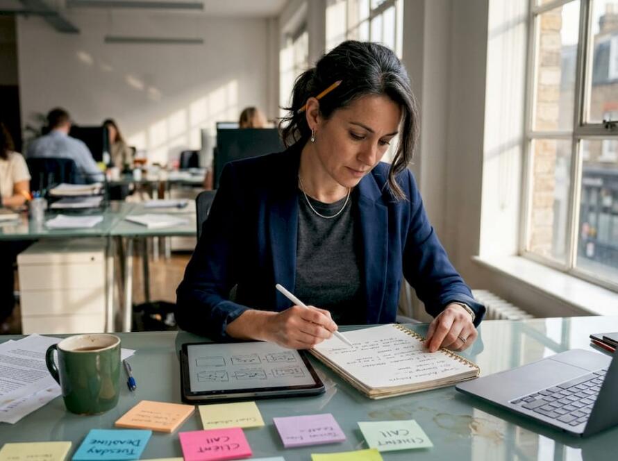 Marketing strategist editing storyboard in agency office