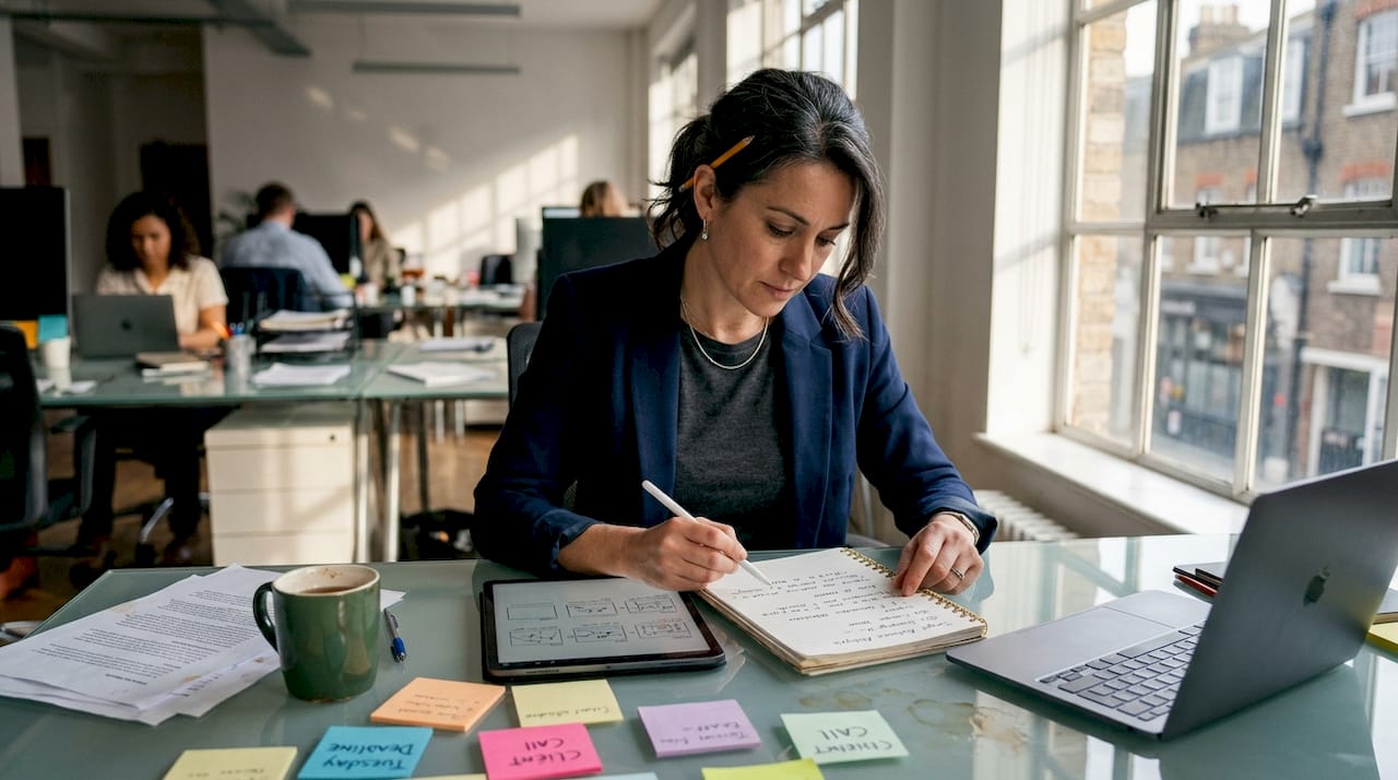 Marketing strategist editing storyboard in agency office
