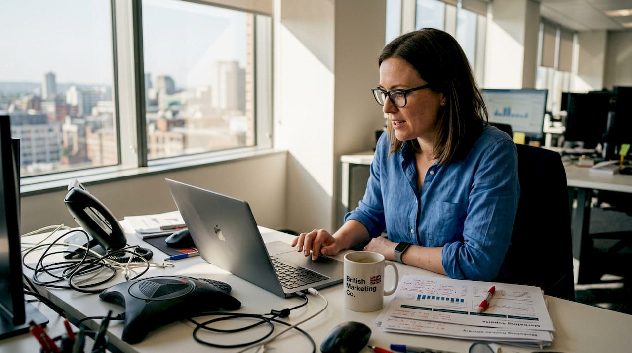 Manager tracking campaign results at desk