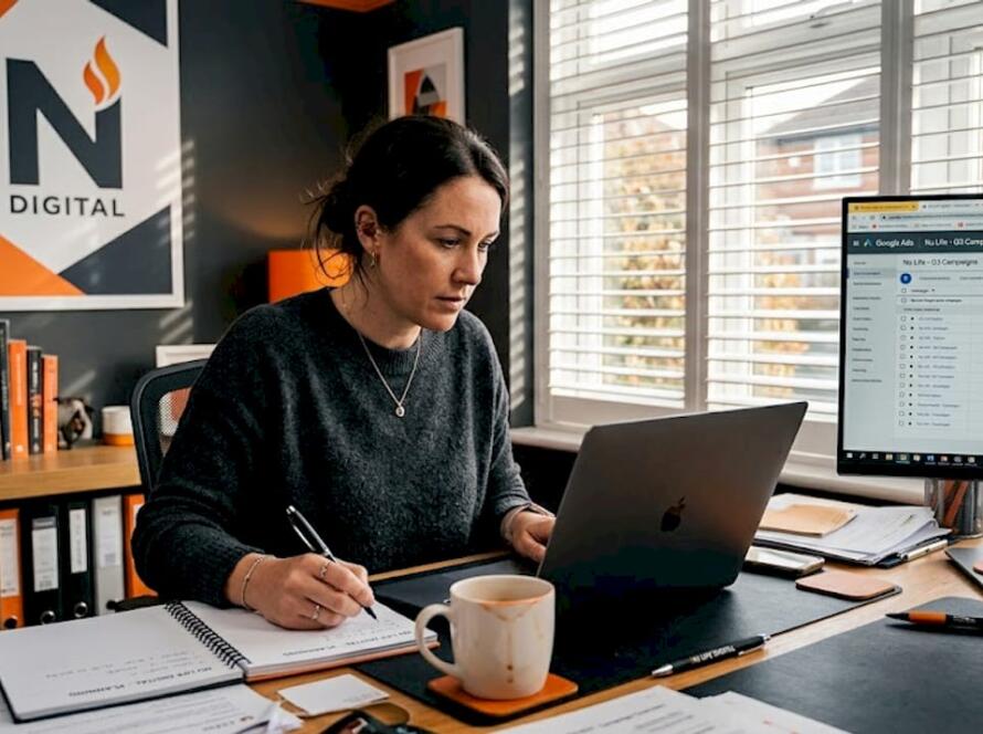 Business owner works at desk with ad dashboard