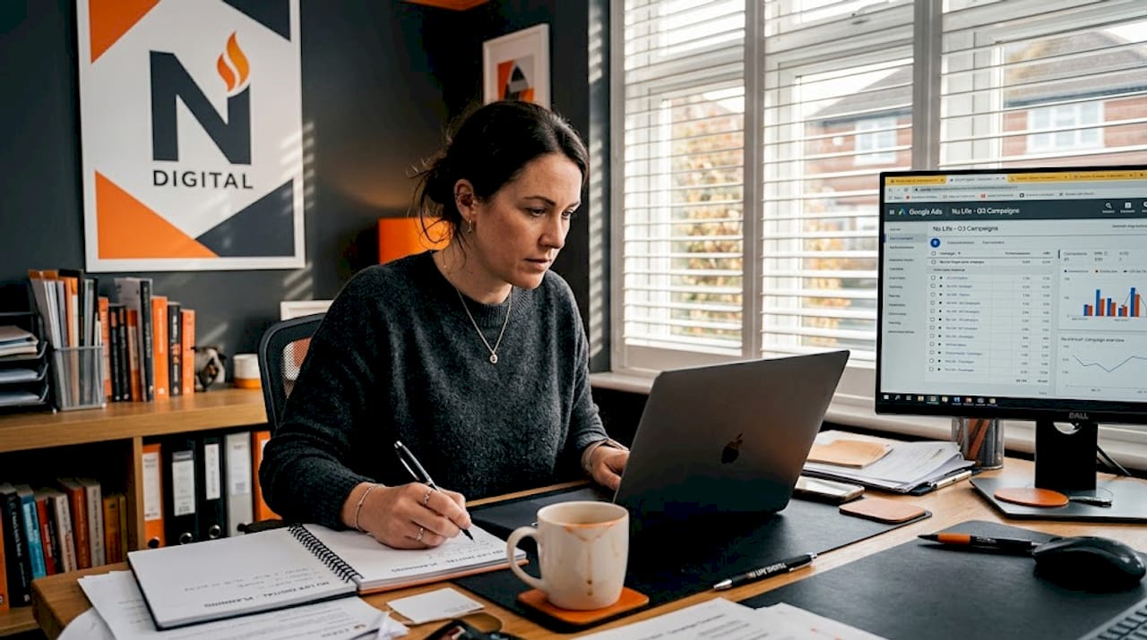 Business owner works at desk with ad dashboard