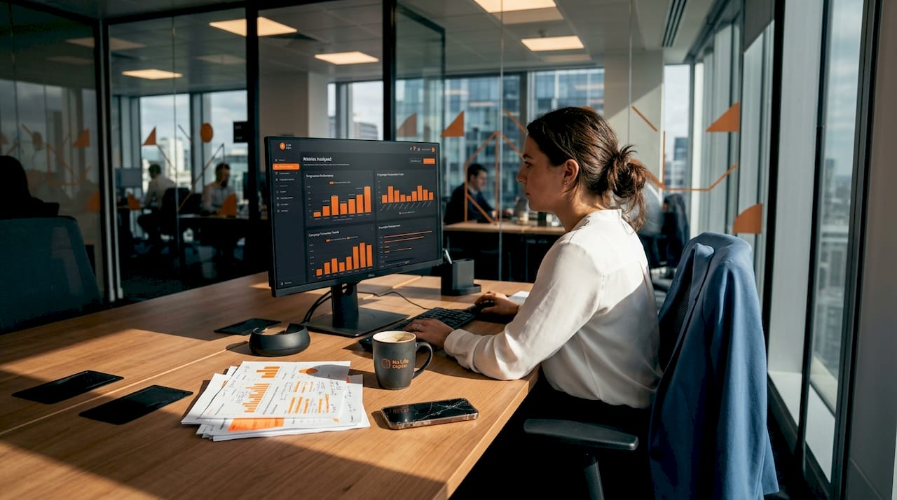 Marketing manager reviews campaign data at desk