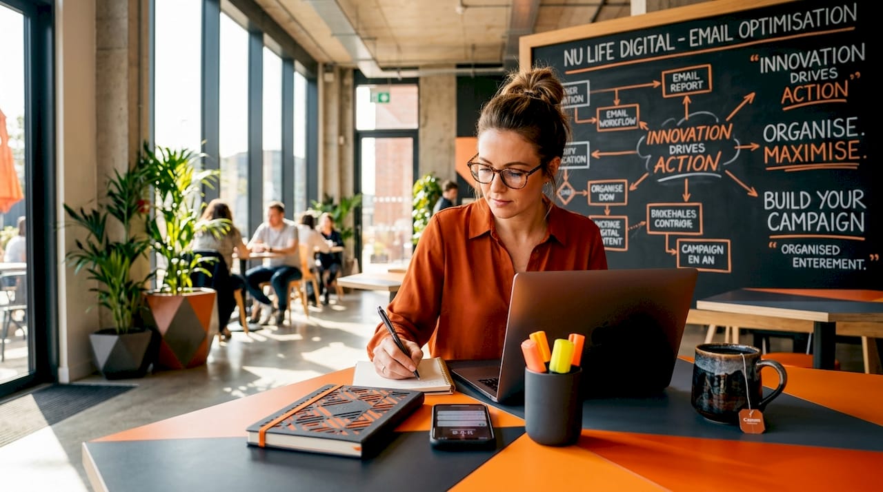 Marketing manager reviewing automation workflow at desk
