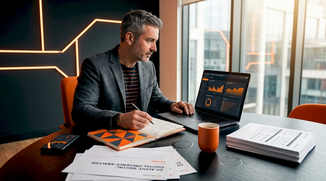Business owner reviewing website audit documents