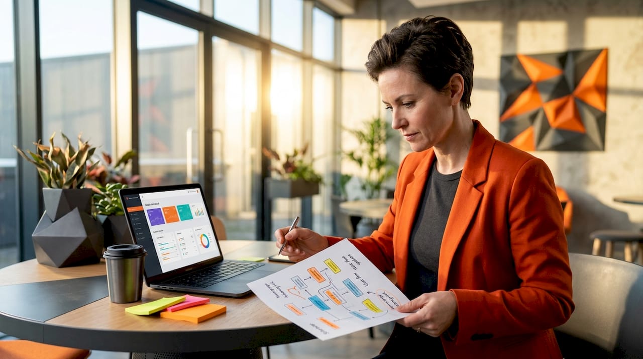 Business owner analyzing website structure diagram