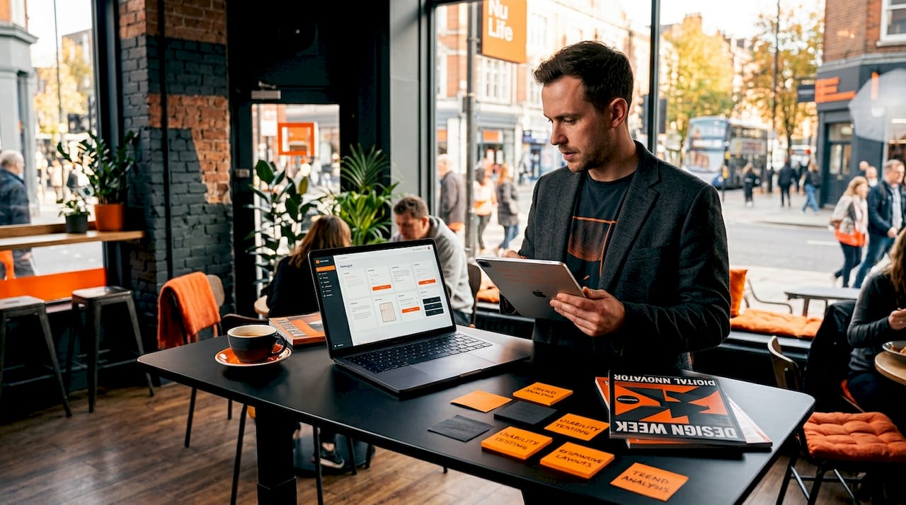 Web designer reviewing design trend notes